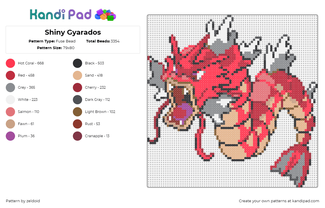 Shiny Gyarados - Fuse Bead Pattern by zeldoid on Kandi Pad - gyarados,pokemon,dragon,character,gaming,red,tan,gray