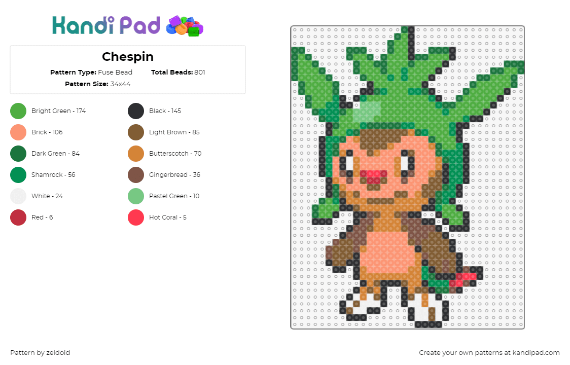 Chespin - Fuse Bead Pattern by zeldoid on Kandi Pad - chespin,pokemon,character,gaming,cute,tan,brown,green