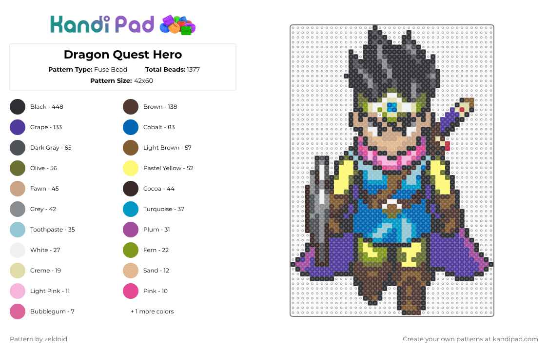 Dragon Quest Hero - Fuse Bead Pattern by zeldoid on Kandi Pad - brown,gray,yellow,light blue,colorful