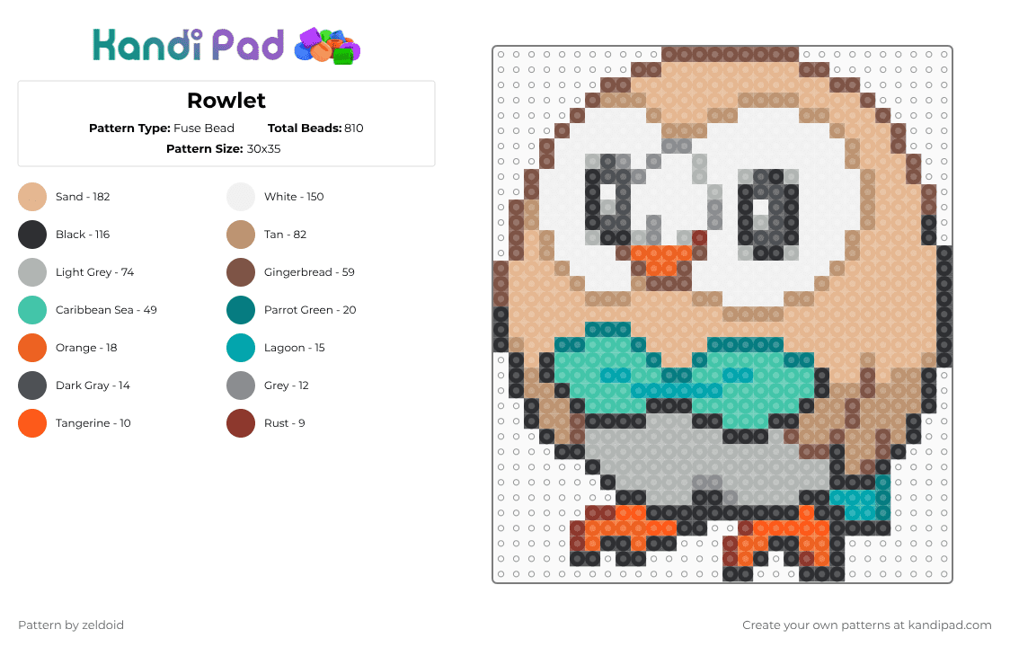 Rowlet - Fuse Bead Pattern by zeldoid on Kandi Pad - teal,beige