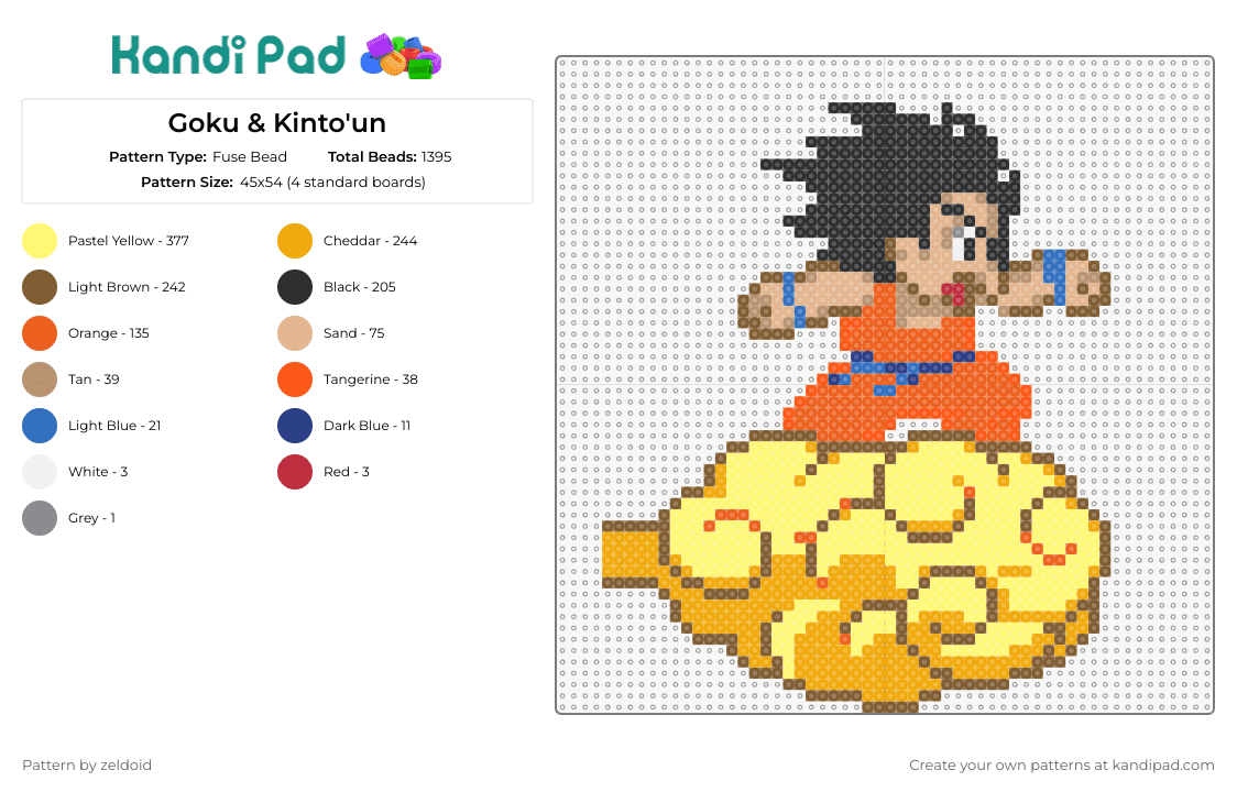 Goku & Kinto\'un - Fuse Bead Pattern by zeldoid on Kandi Pad - goku,kintoun,dragon ball z,cloud,adventure,magical,vibrant colors,anime fans,collectors,orange,yellow