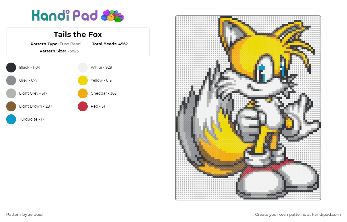 Tails the Fox - Fuse Bead Pattern by zeldoid on Kandi Pad - tails,sonic the hedgehog,character,video  game,sega,yellow,white