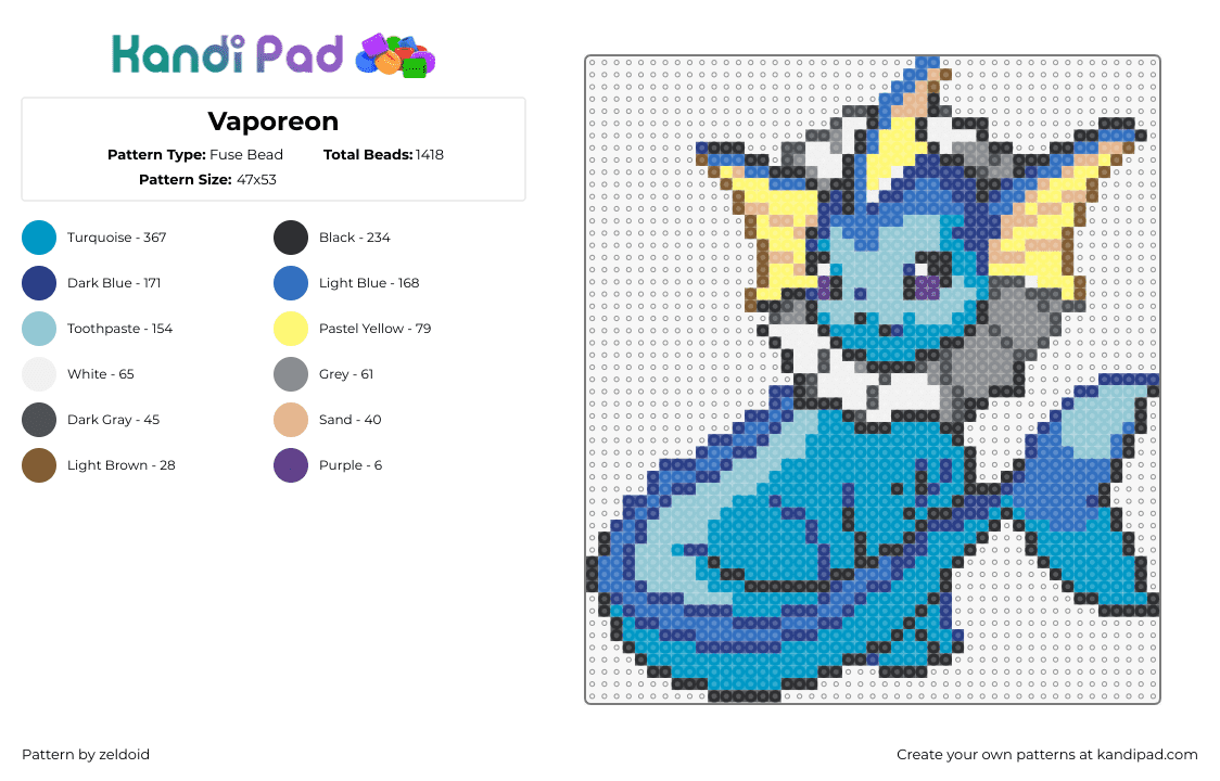 Vaporeon - Fuse Bead Pattern by zeldoid on Kandi Pad - vaporeon,pokemon,evolution,eevee,character,gaming,light blue,blue