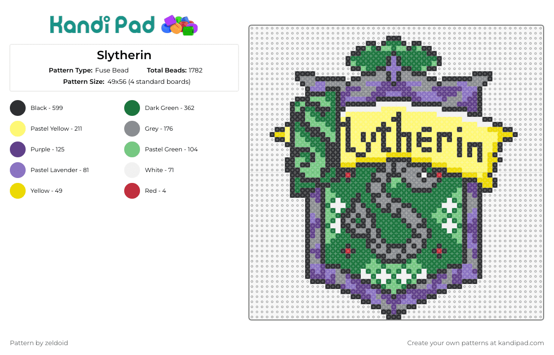 Slytherin - Fuse Bead Pattern by zeldoid on Kandi Pad - slytherin,harry potter,crest,emblem,badge,serpent,ambition,cunning,elegance,green,purple,yellow