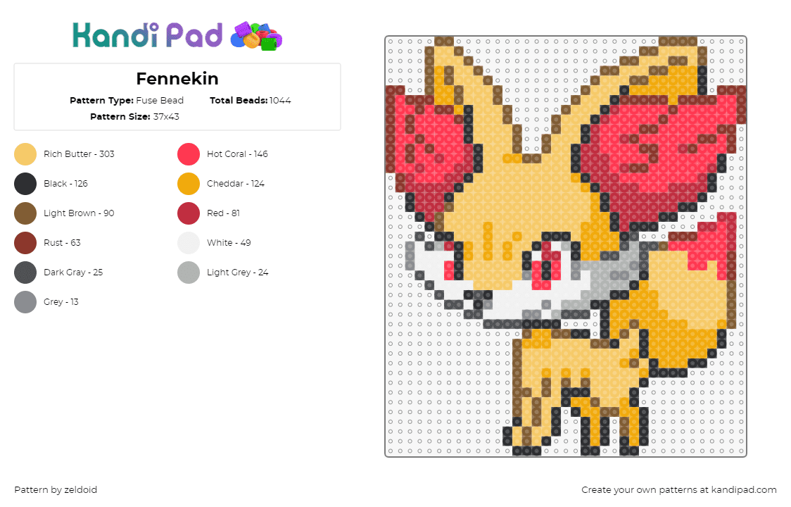 Fennekin - Fuse Bead Pattern by zeldoid on Kandi Pad - fennekin,pokemon,character,fox,cute,gaming,tan,orange,red