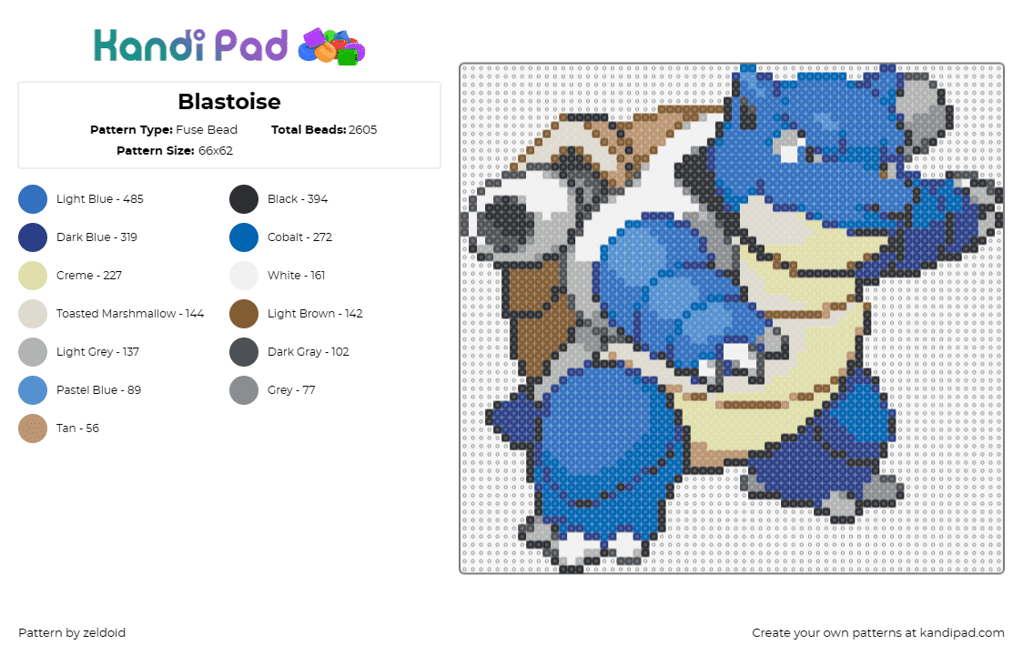 Blastoise - Fuse Bead Pattern by zeldoid on Kandi Pad - blastoise,pokemon,squirtle,wartortle,battle-ready,evolution