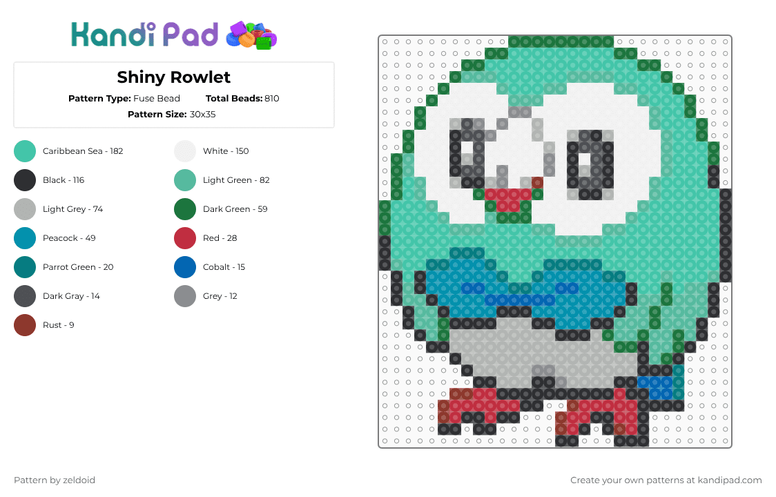 Shiny Rowlet - Fuse Bead Pattern by zeldoid on Kandi Pad - teal