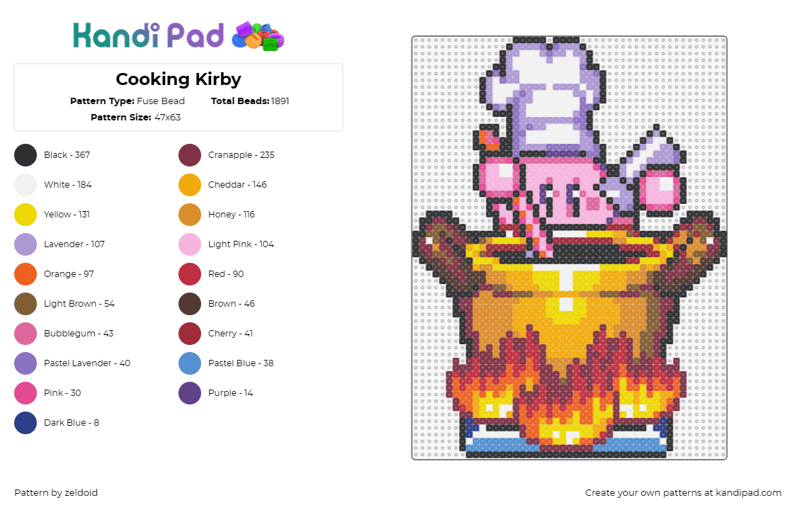 Cooking Kirby - Fuse Bead Pattern by zeldoid on Kandi Pad - kirby,nintendo,adorable character,chef,vibrant concoction,pinks,flame colors,pur