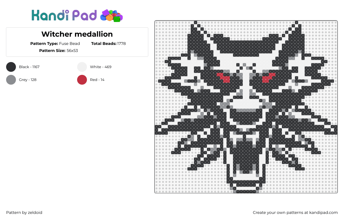 Witcher medallion - Fuse Bead Pattern by zeldoid on Kandi Pad - witcher,medallion,eyes,spooky,wolf,video game,tv show,black,gray,white