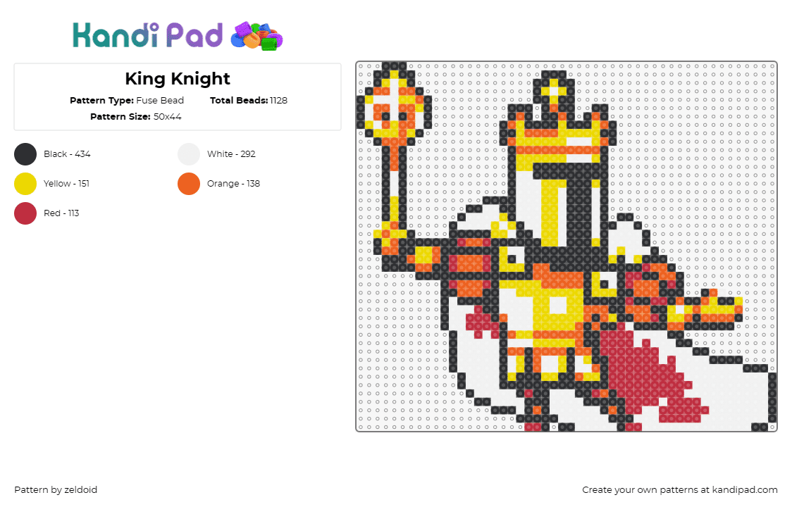 King Knight - Fuse Bead Pattern by zeldoid on Kandi Pad - king,shovel knight,royalty,scepter,cape,throne,video game character,gold,yellow