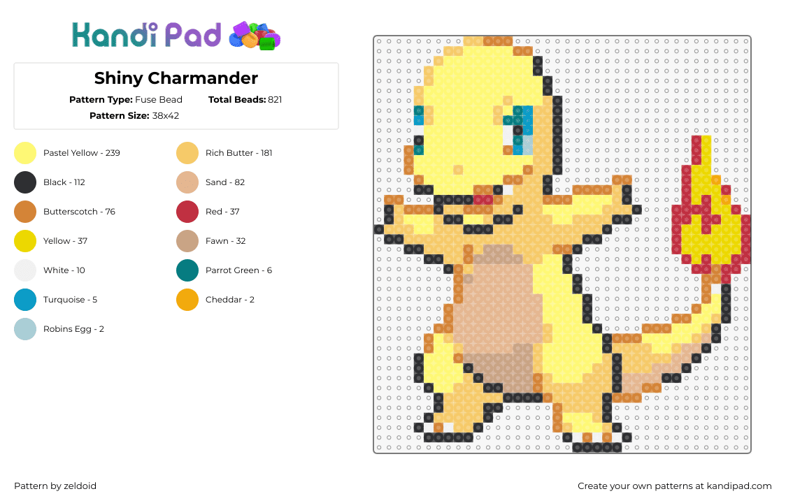 Shiny Charmander - Fuse Bead Pattern by zeldoid on Kandi Pad - charmander,pokemon,character,fiery,gaming,yellow