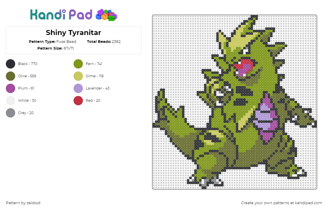 Shiny Tyranitar - Fuse Bead Pattern by zeldoid on Kandi Pad - tyranitar,pokemon,character,dinosaur,starter,gaming,green