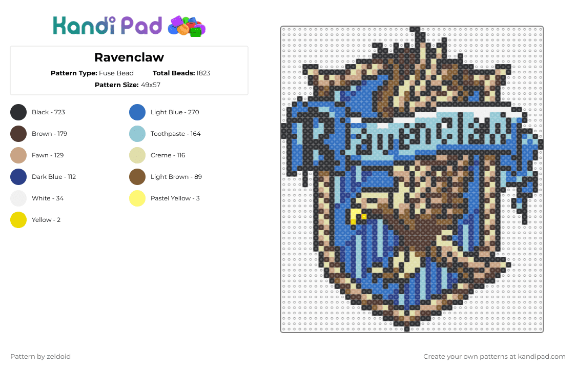Ravenclaw - Fuse Bead Pattern by zeldoid on Kandi Pad - ravenclaw,harry potter,brown,blue,light blue