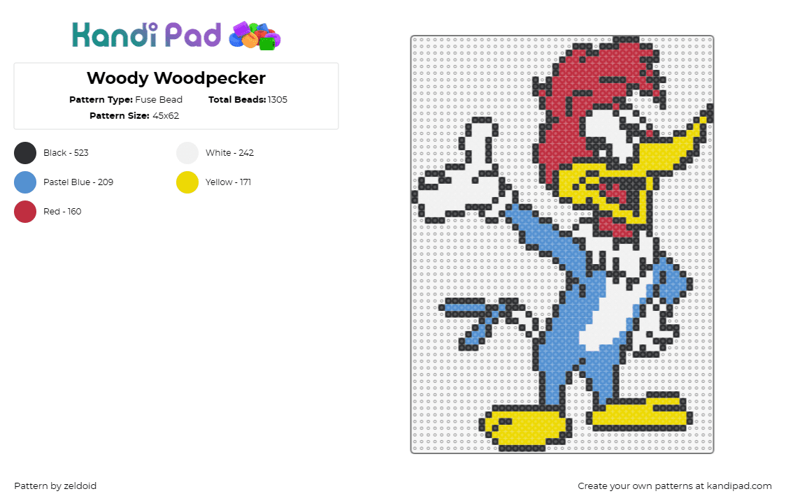 Woody Woodpecker - Fuse Bead Pattern by zeldoid on Kandi Pad - woody woodpecker,bird,cartoon,animation,character,vintage,tv show,animated,yello