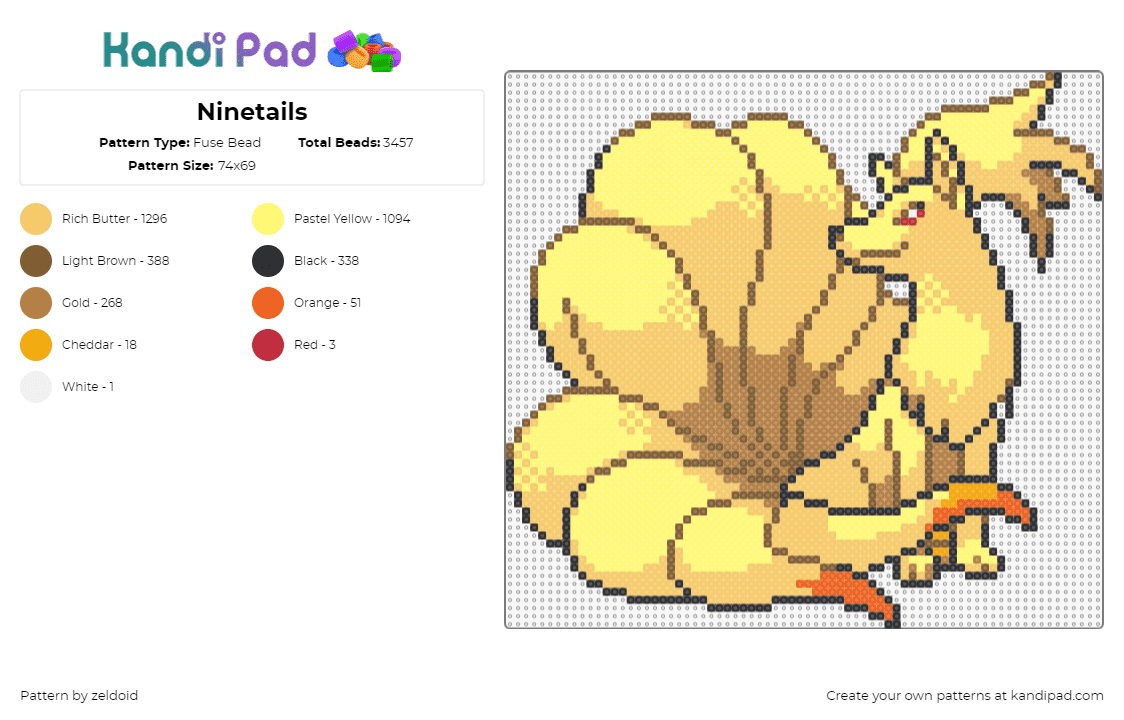 Ninetails - Fuse Bead Pattern by zeldoid on Kandi Pad - ninetails,pokemon,character,evolution,vulpix,gaming,yellow