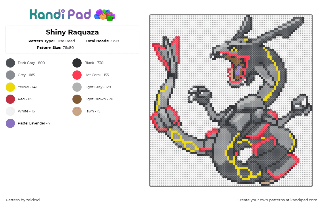 Shiny Raquaza - Fuse Bead Pattern by zeldoid on Kandi Pad - raquaza,pokemon,dragon,mythical,legendary,serpentine,flying,detailed,black