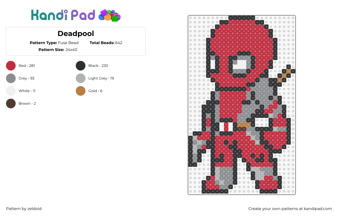 Deadpool - Fuse Bead Pattern by zeldoid on Kandi Pad - deadpool,marvel,superhero,comic,movie,red,gray