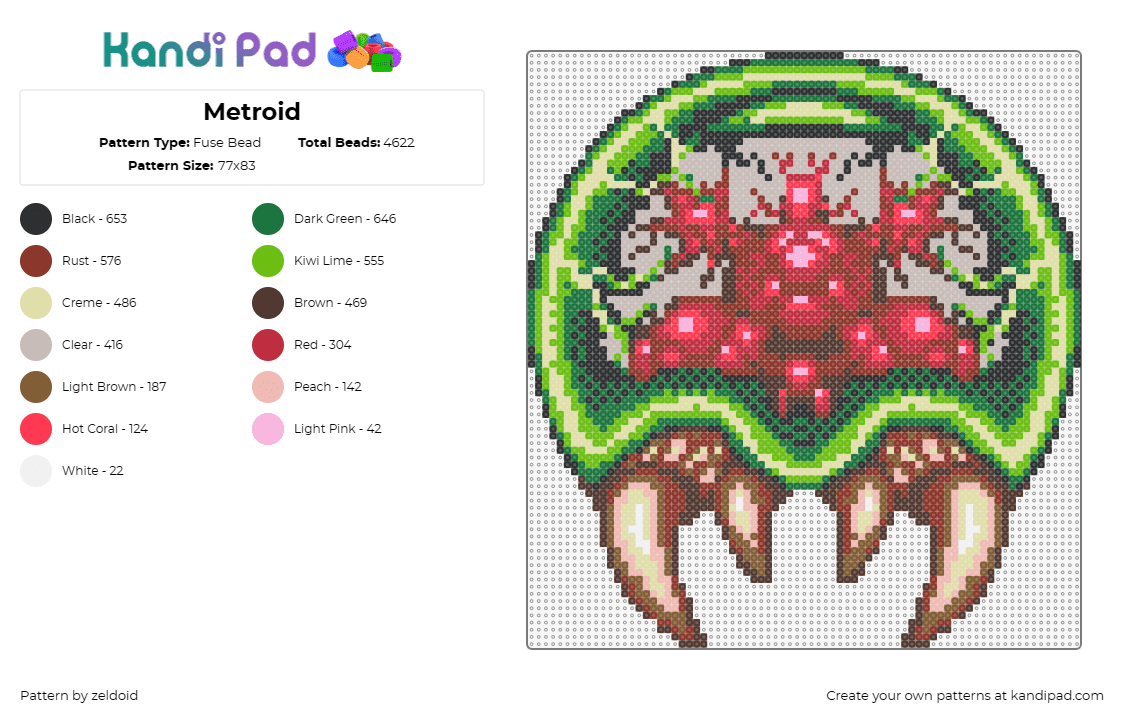 Metroid - Fuse Bead Pattern by zeldoid on Kandi Pad - metroid,larvae,video game,creature,alien,brain,green,red,brown