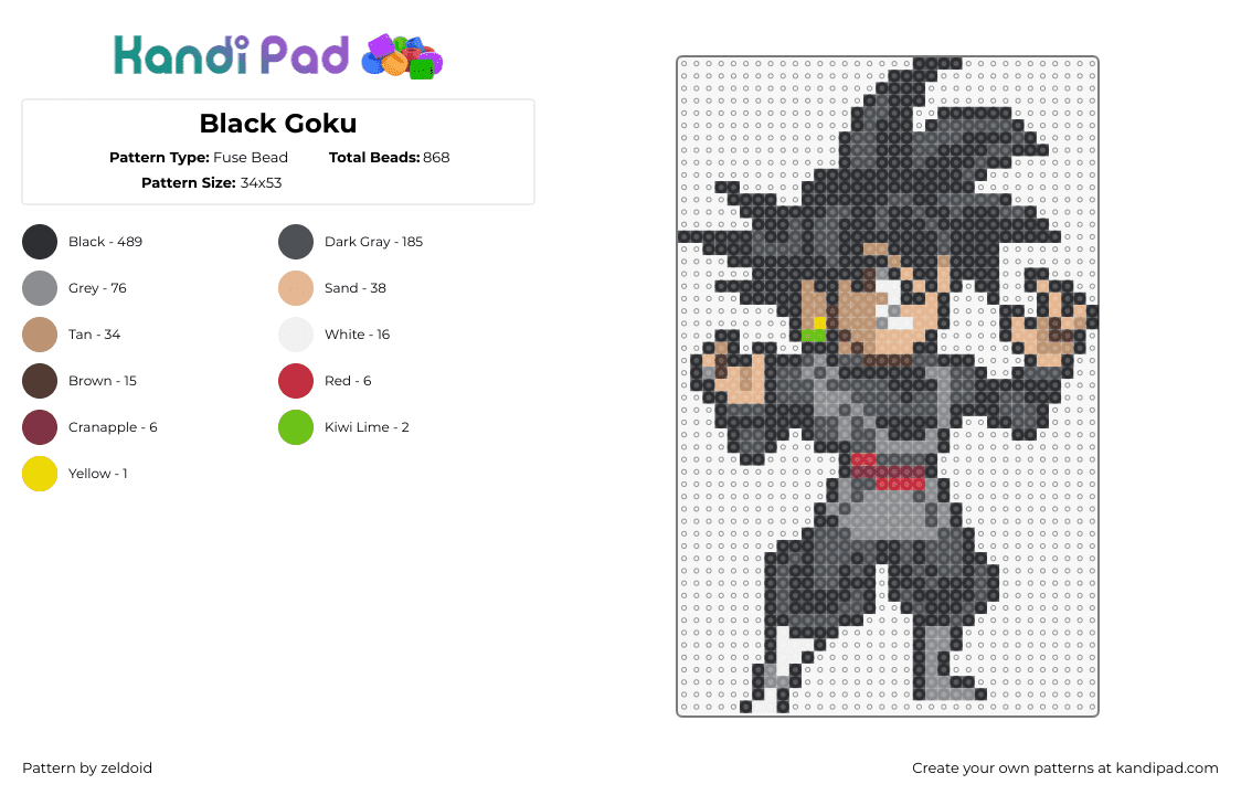 Black Goku - Fuse Bead Pattern by zeldoid on Kandi Pad - goku,dragon ball z,character,anime,tv show,black,gray