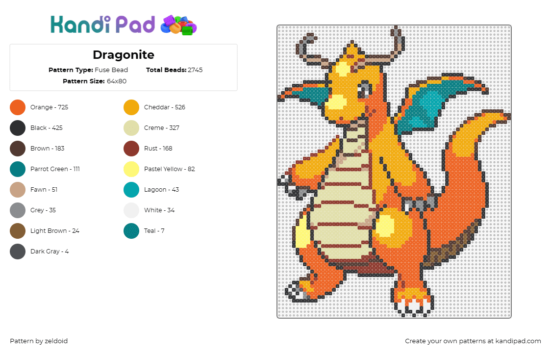 Dragonite - Fuse Bead Pattern by zeldoid on Kandi Pad - dragonite,pokemon,dragon,mythical,winged,majestic,terracotta,amber,ocean blue