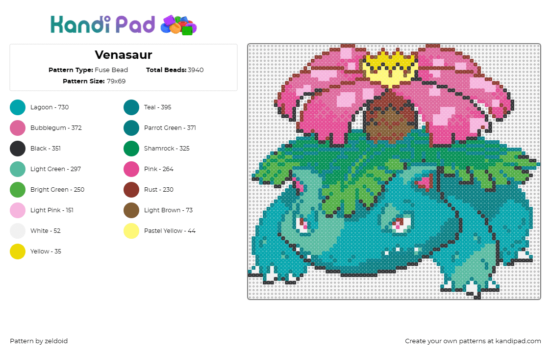 Venasaur - Fuse Bead Pattern by zeldoid on Kandi Pad - venusaur,pokemon,ivysaur,bulbasaur,vibrant,signature flower,regal