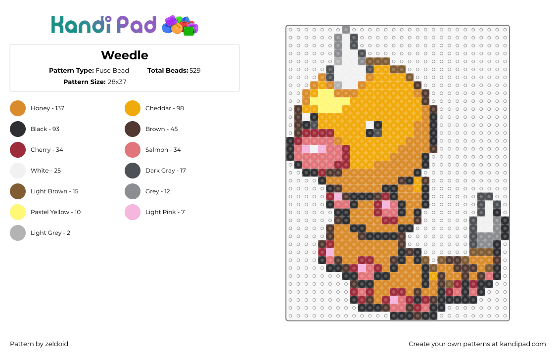 Weedle - Fuse Bead Pattern by zeldoid on Kandi Pad - weedle,pokemon,character,gaming,caterpillar,yellow,orange,red