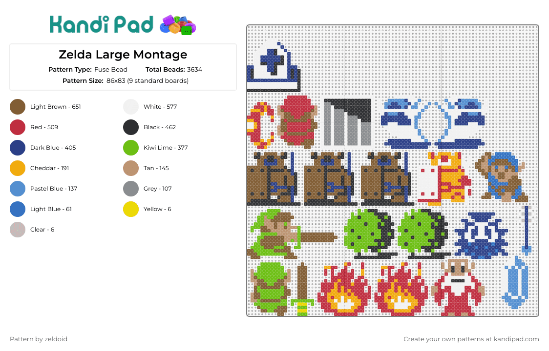 Zelda Large Montage - Fuse Bead Pattern by zeldoid on Kandi Pad - legend of zelda,video game,link,fire,sprites,adventure,green,brown,orange,blue