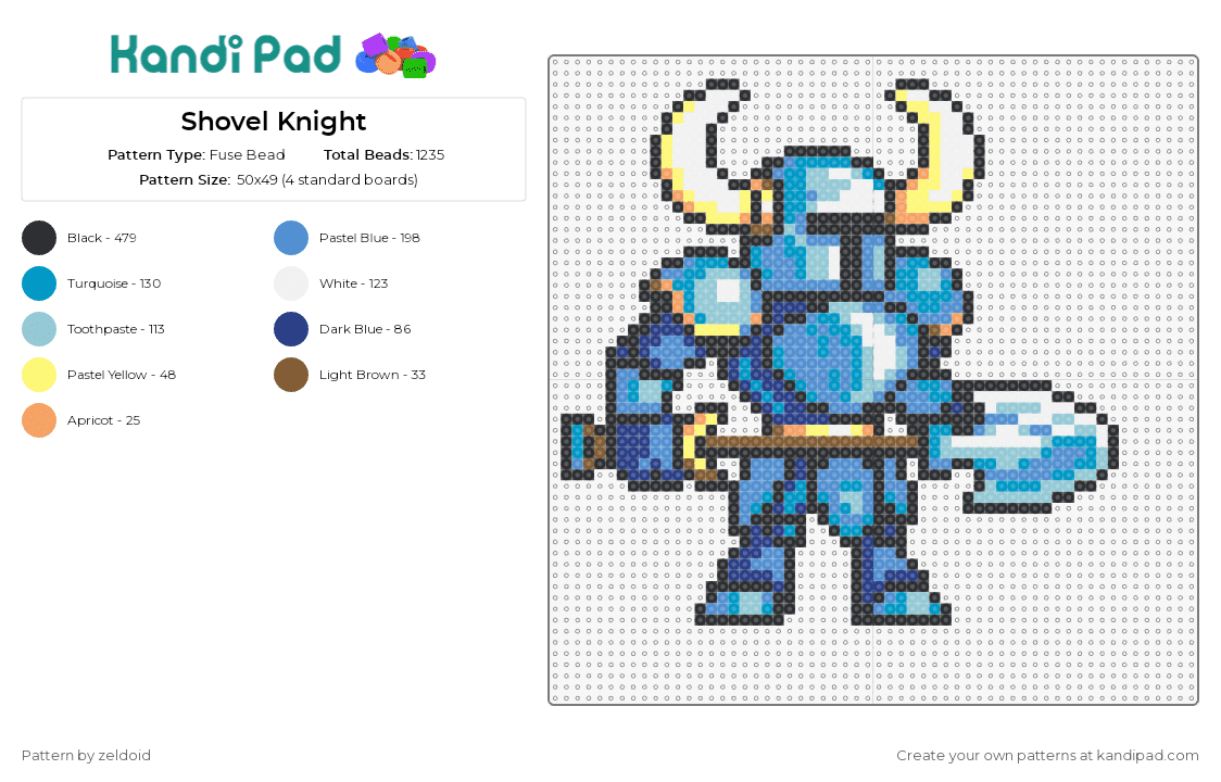 Shovel Knight - Fuse Bead Pattern by zeldoid on Kandi Pad - shovel knight,video games,knight,armor,shovel,helmet,fantasy,blue