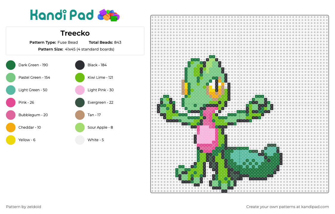 Treecko - Fuse Bead Pattern by zeldoid on Kandi Pad - treecko,pokemon,gecko,creature,green,gaming,anime,grass-type,character