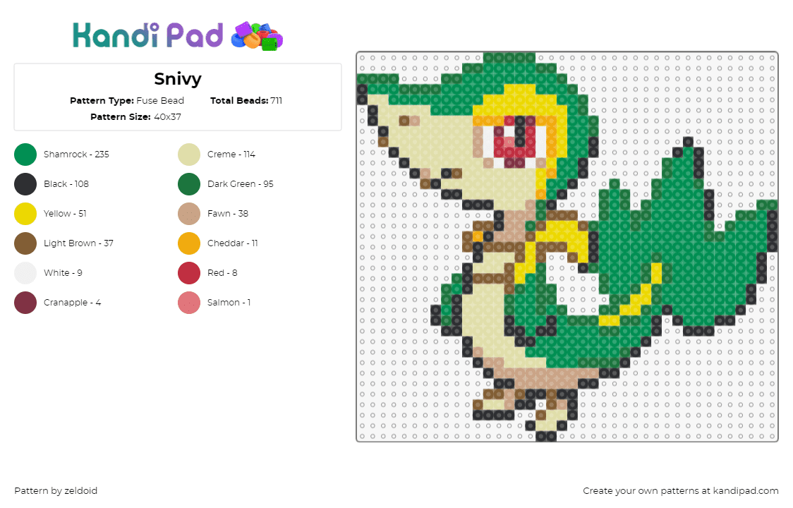 Snivy - Fuse Bead Pattern by zeldoid on Kandi Pad - snivy,pokemon,character,gaming,tan,green