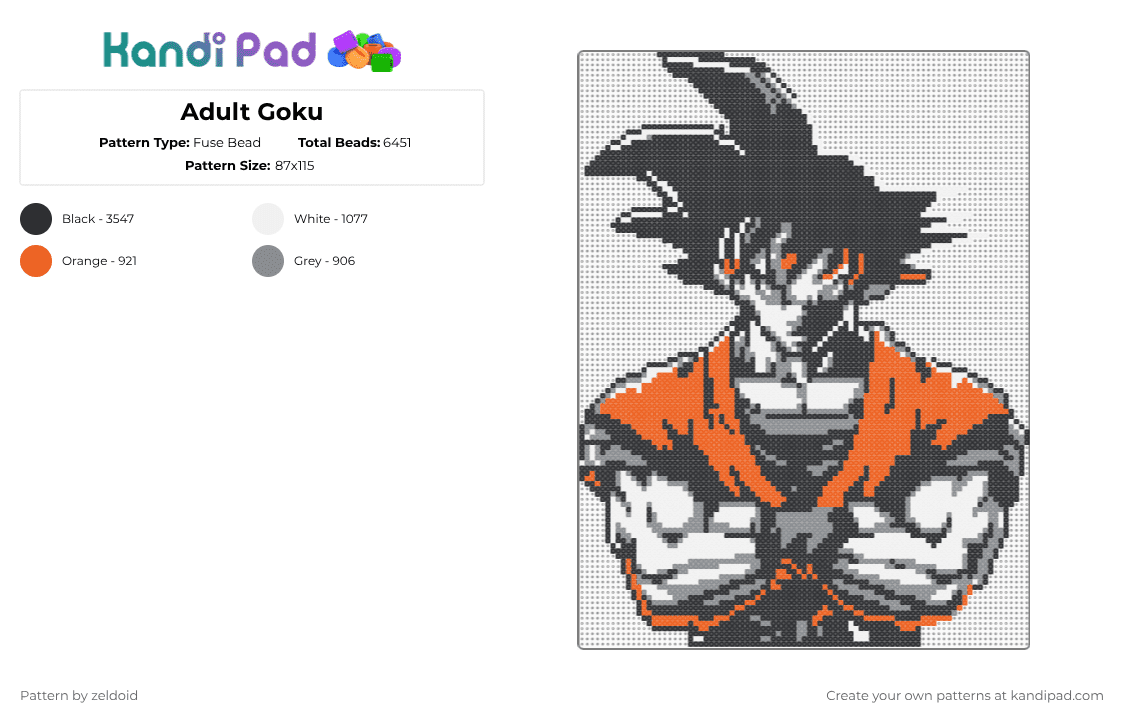 Adult Goku - Fuse Bead Pattern by zeldoid on Kandi Pad - black,gray,orange