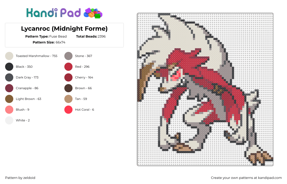 Lycanroc (Midnight Forme) - Fuse Bead Pattern by zeldoid on Kandi Pad - lycanroc,pokemon,character,gaming,evolution,rockruff,red,beige