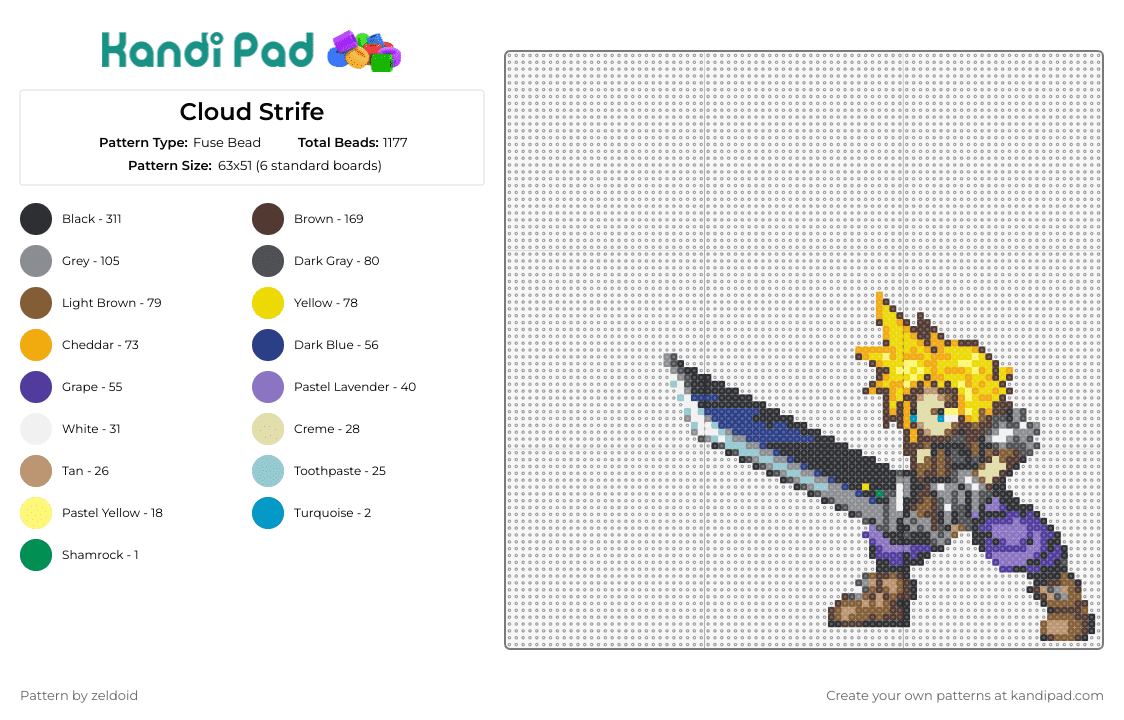 Cloud Strife - Fuse Bead Pattern by zeldoid on Kandi Pad - spiky-haired,swordsman,final fantasy,video game,sword,character,adventure,gaming,hero,action,blonde,purple,yellow