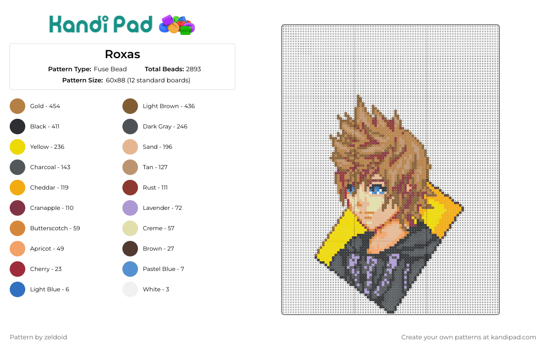 Roxas - Fuse Bead Pattern by zeldoid on Kandi Pad - roxas,kingdom hearts,portraits,character,video game,anime,tan,yellow,black