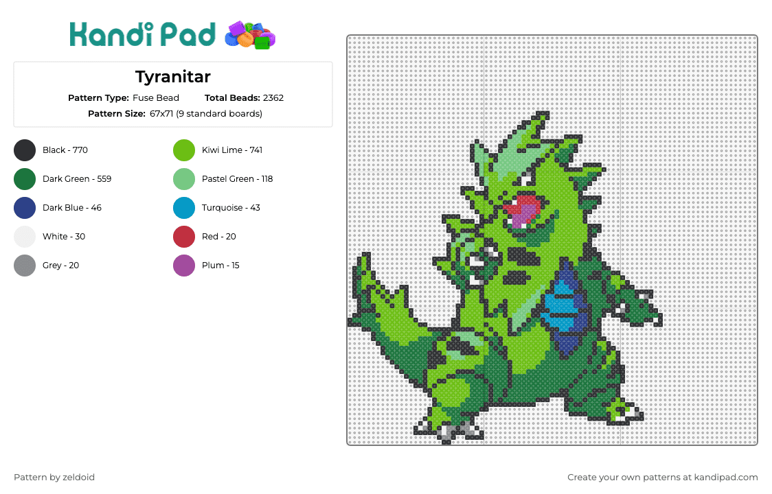 Tyranitar - Fuse Bead Pattern by zeldoid on Kandi Pad - tyranitar,pokemon