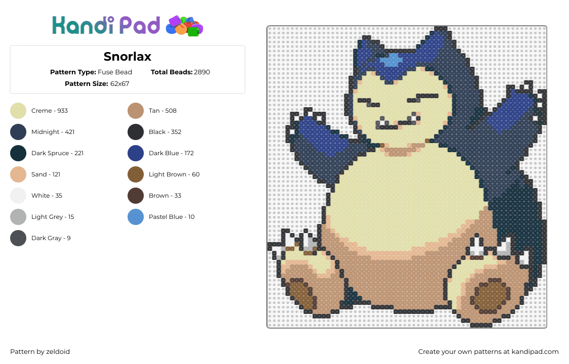 Snorlax - Fuse Bead Pattern by zeldoid on Kandi Pad - snorlax,pokemon,character,gaming,tan,blue