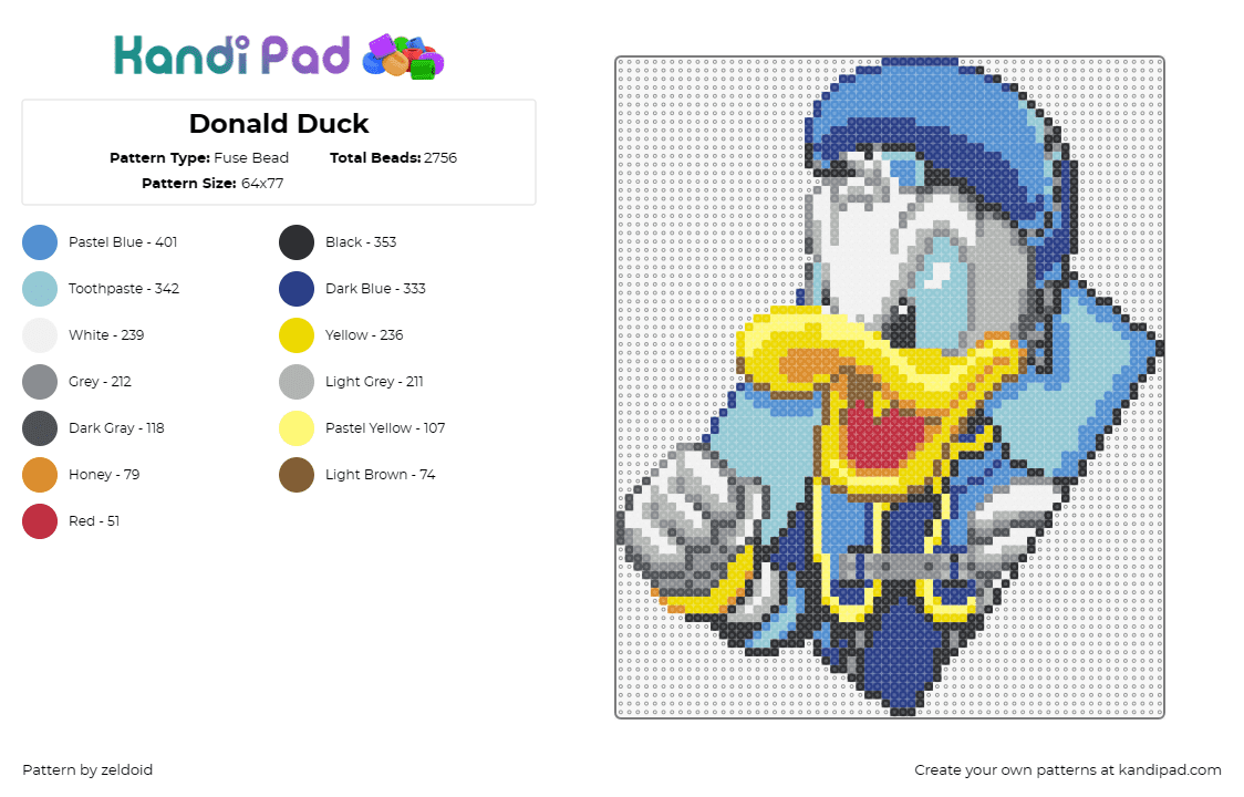 Donald Duck - Fuse Bead Pattern by zeldoid on Kandi Pad - donald duck,disney,classic character,beloved cartoon,sailor suit,joyful colors,b