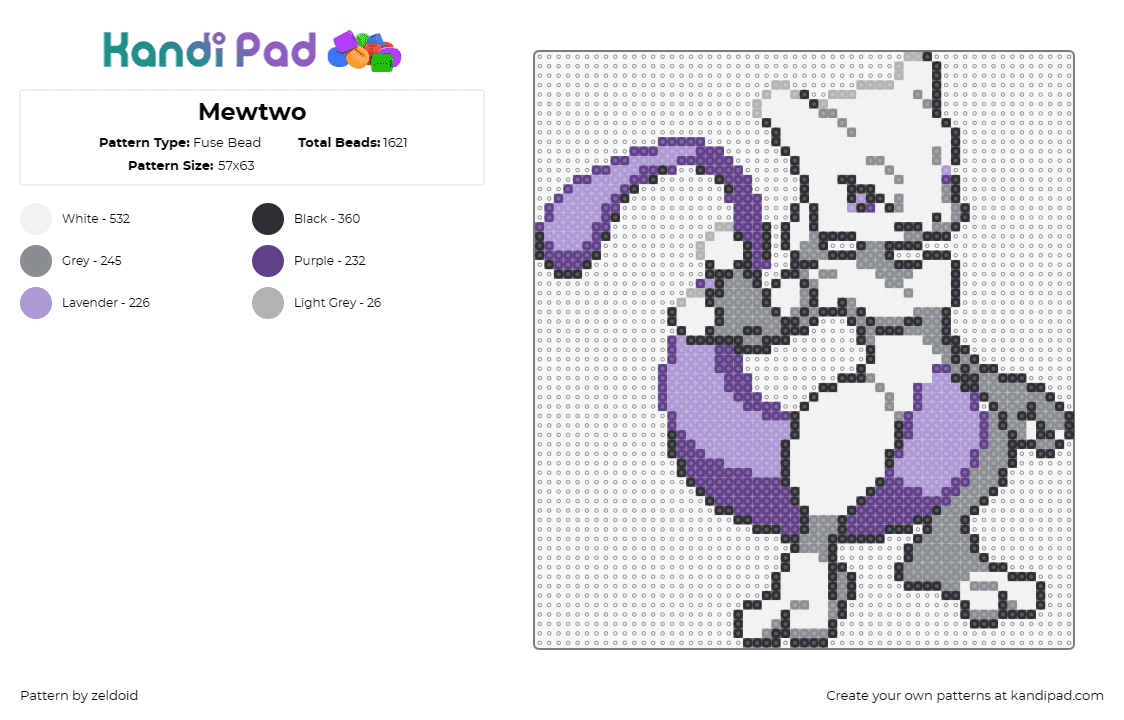 Mewtwo - Fuse Bead Pattern by zeldoid on Kandi Pad - mewtwo,pokemon,power,legendary,psychic,enigma,lavender,white,slate gray