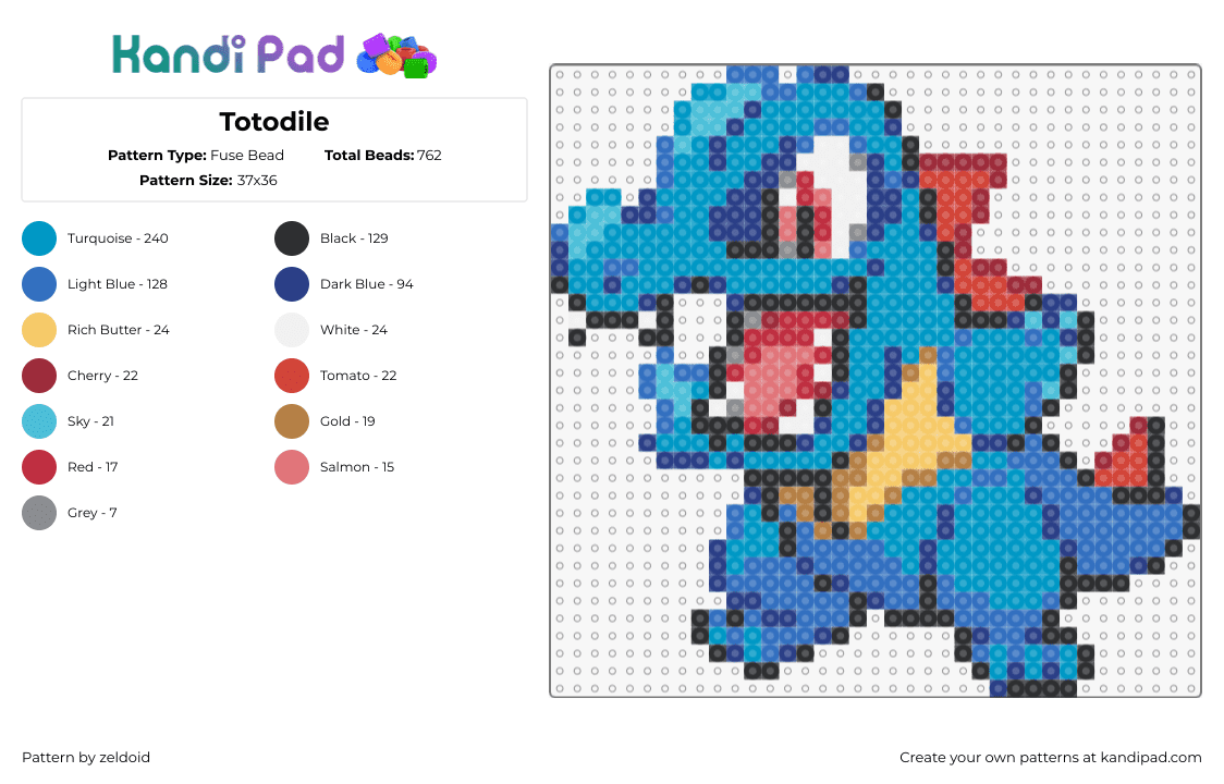 Totodile - Fuse Bead Pattern by zeldoid on Kandi Pad - totodile,pokemon,character,gaming,cute,blue,teal,red