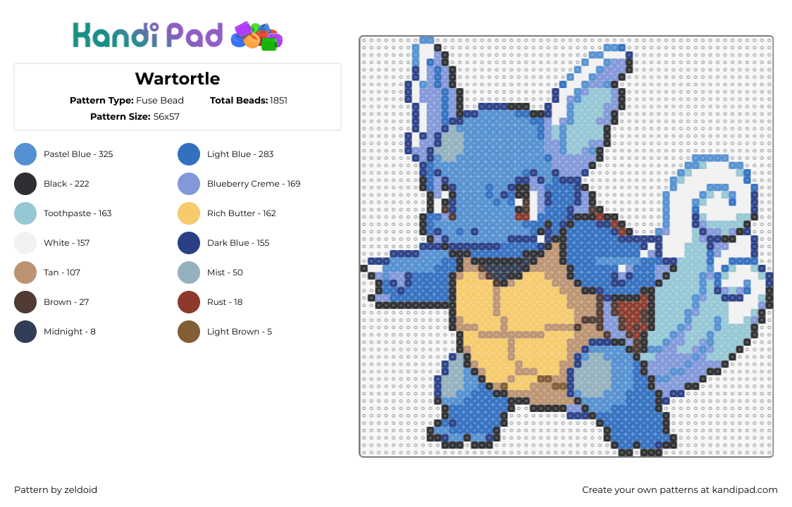 Wartortle - Fuse Bead Pattern by zeldoid on Kandi Pad - wartortle,pokemon,character,squirtle,evolution,gaming,blue,orange,tan,light blue