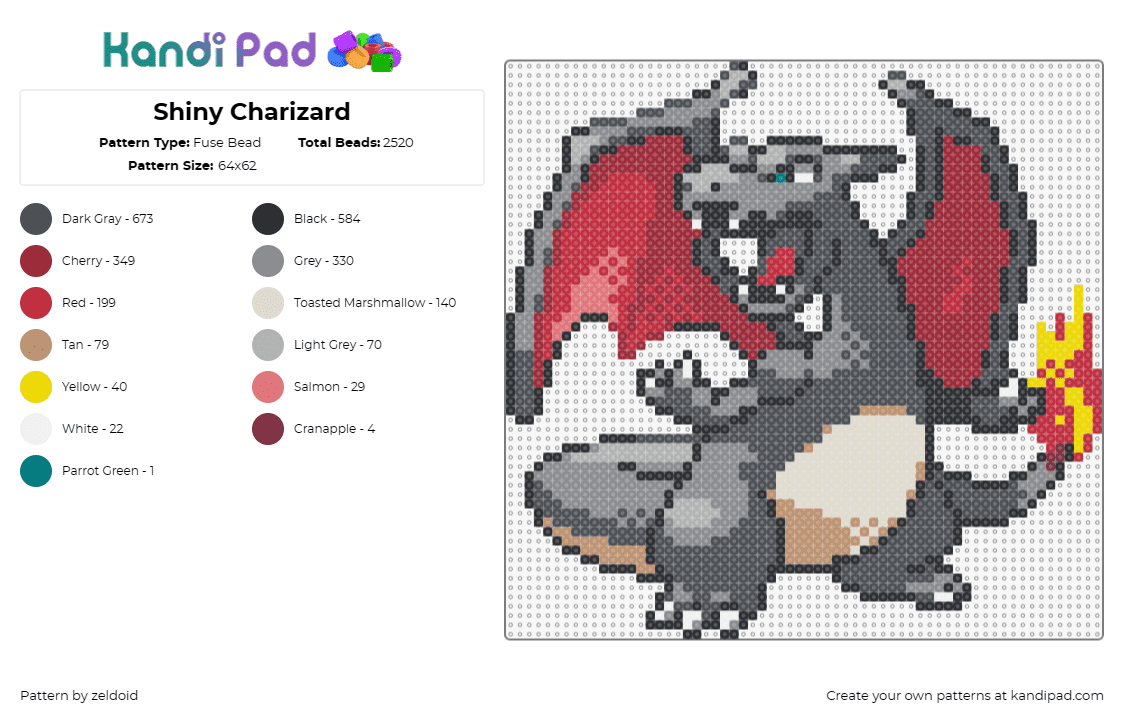 Shiny Charizard - Fuse Bead Pattern by zeldoid on Kandi Pad - charizard,pokemon,dragon,evolution,character,gaming,fiery,black,gray,red