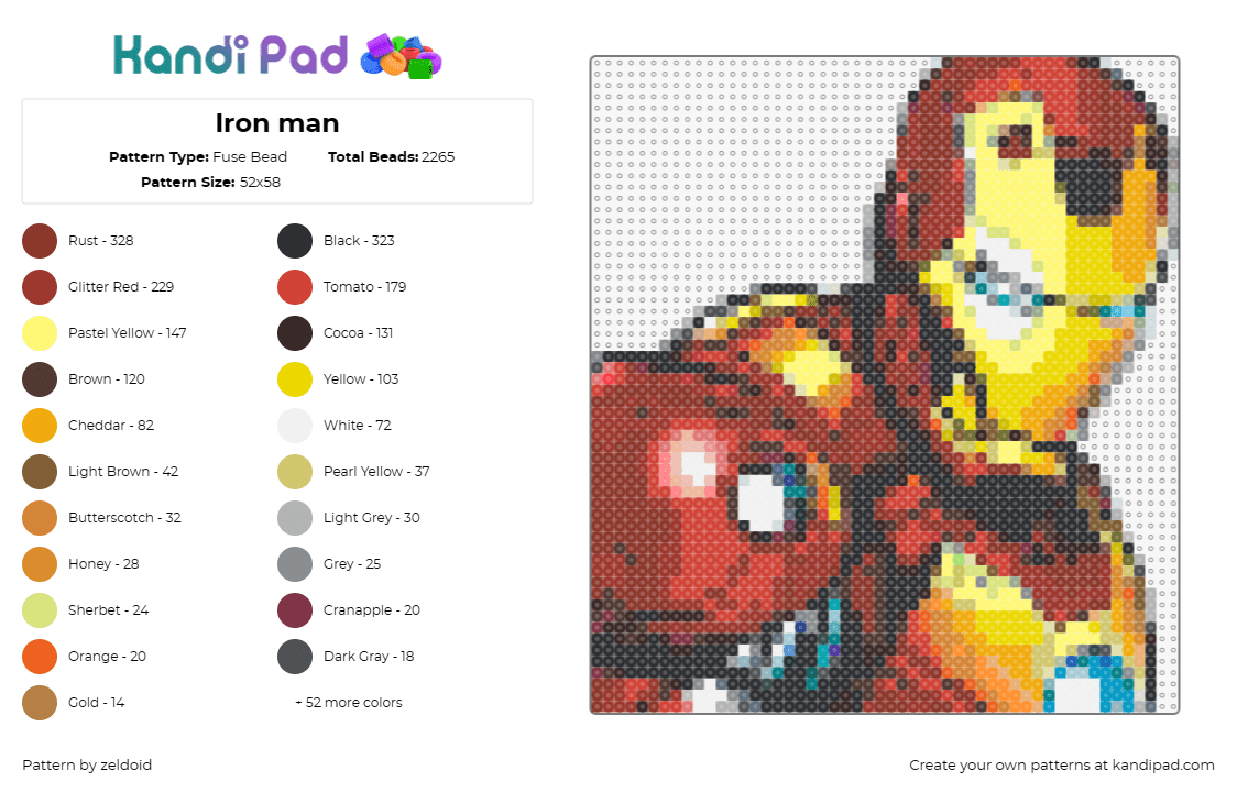 Iron man - Fuse Bead Pattern by zeldoid on Kandi Pad - iron man,superhero,marvel,inner hero,vibrant,popular armored superhero,bold colo