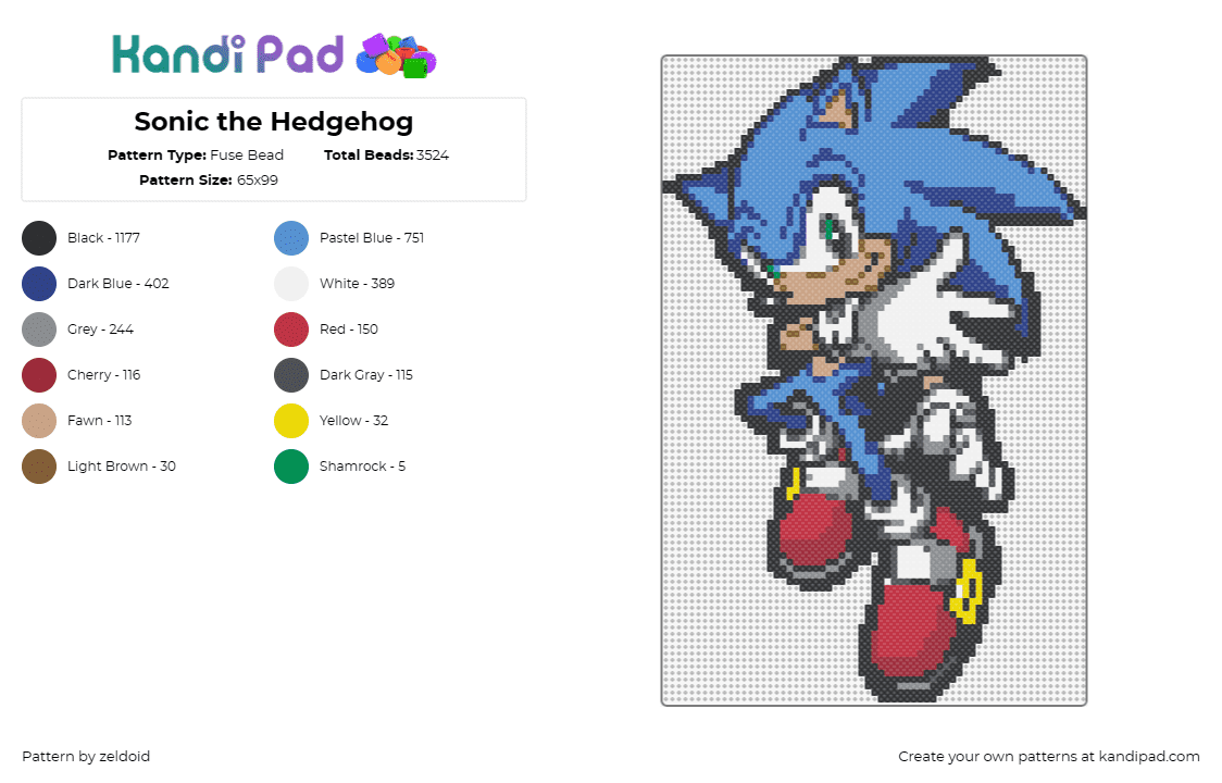 Sonic the Hedgehog - Fuse Bead Pattern by zeldoid on Kandi Pad - sonic the hedgehog,sega,video game icon,speed,red shoes,gaming,blue