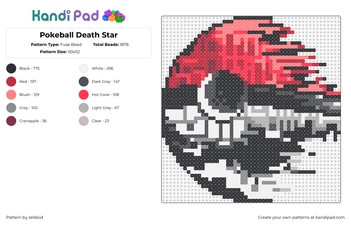 Pokeball Death Star - Fuse Bead Pattern by zeldoid on Kandi Pad - death star,pokeball,star wars,pokemon,mashup,movie,gaming,red,black,white