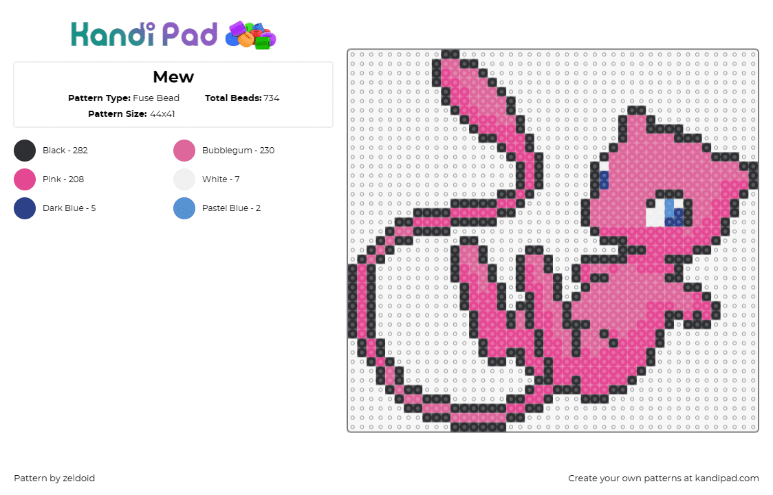 Mew - Fuse Bead Pattern by zeldoid on Kandi Pad - mew,pokemon,playful,mystical,beloved character,pink,purple