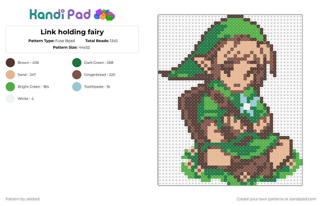 Link holding fairy - Fuse Bead Pattern by zeldoid on Kandi Pad - green,brown