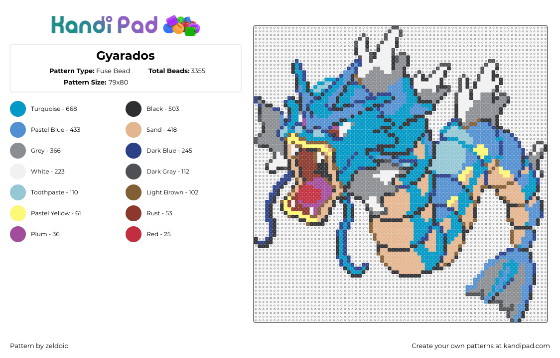 Gyarados - Fuse Bead Pattern by zeldoid on Kandi Pad - gyarados,pokemon,creature,sea monster,water type,mythical,blue,yellow,gray