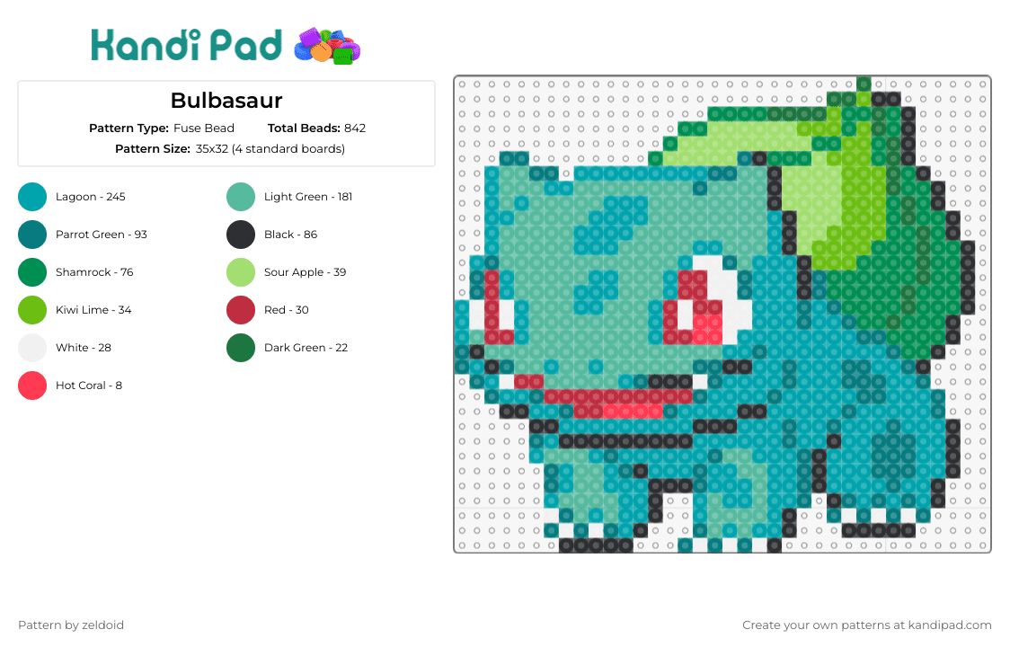 Bulbasaur - Fuse Bead Pattern by zeldoid on Kandi Pad - bulbasaur,pokemon,nostalgic,character,creature,aqua,teal,green,blue