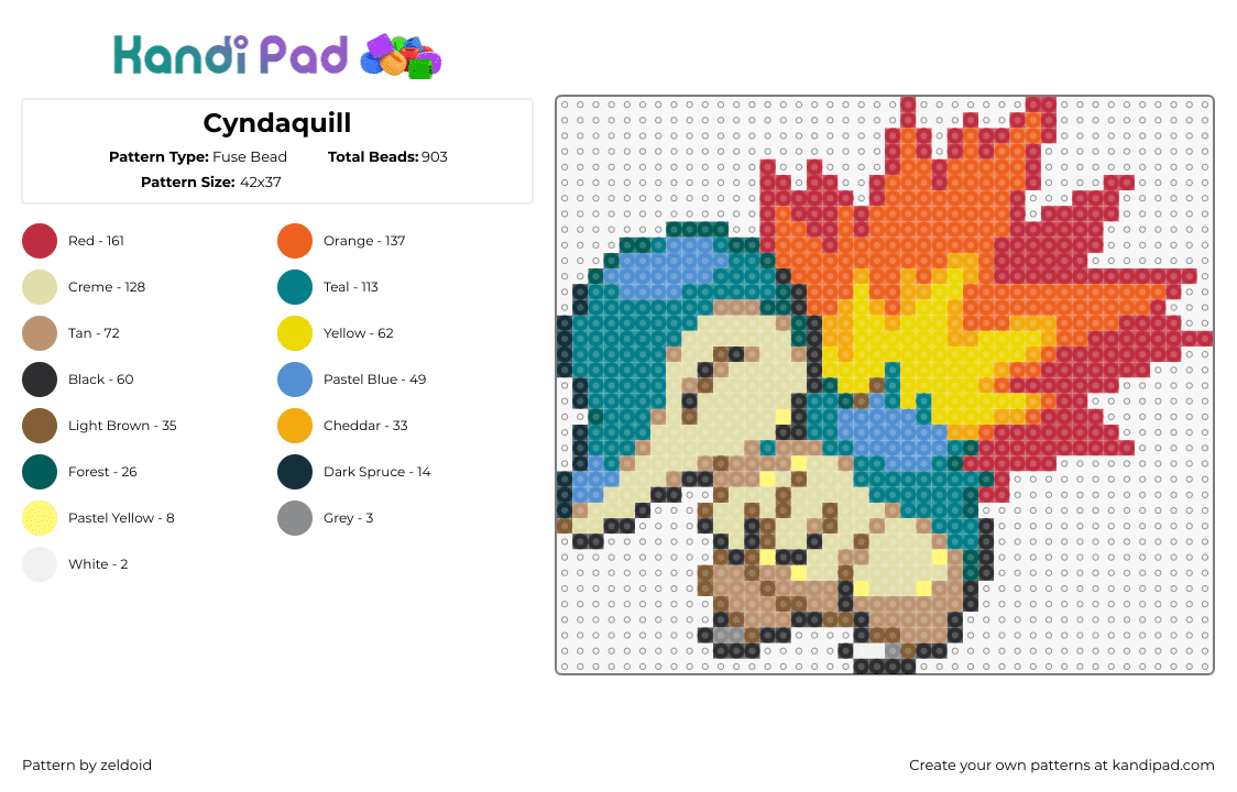 Cyndaquill - Fuse Bead Pattern by zeldoid on Kandi Pad - cyndaquill,pokemon,character,gaming,fiery,teal,tan,orange