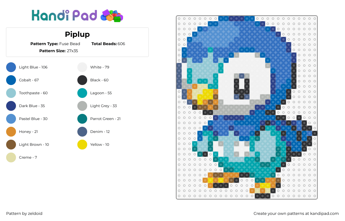 Piplup - Fuse Bead Pattern by zeldoid on Kandi Pad - piplup,pokemon,gaming,character,cute,blue,teal